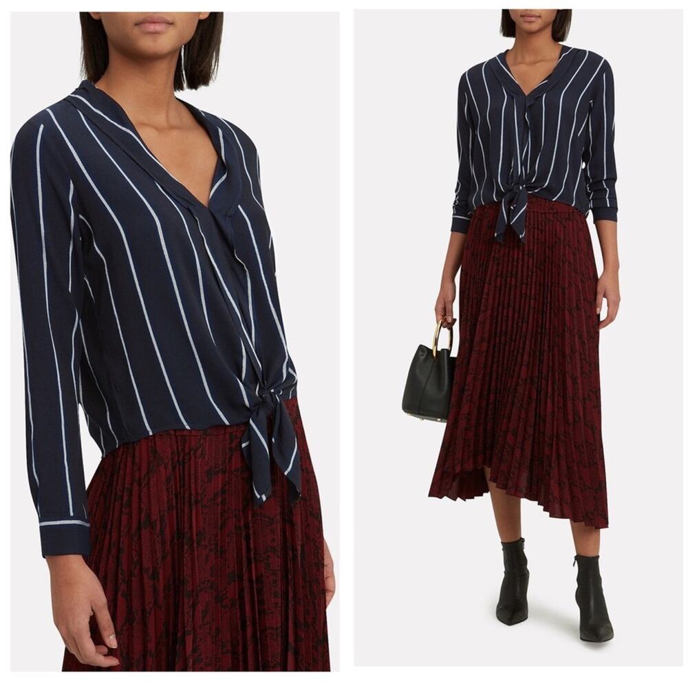Rails Ava Livorno Blouse XS Navy Metallic Stripe Button Front Tie Front Preppy